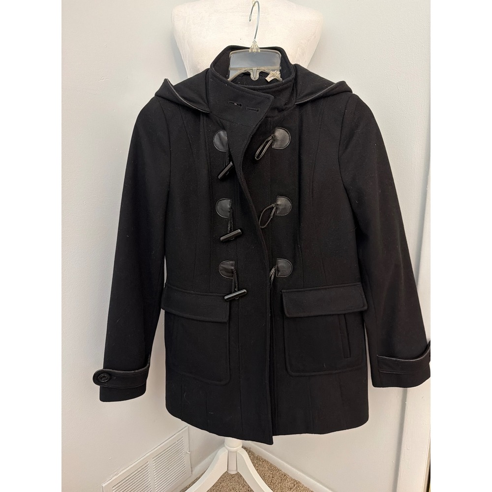 Laundry by Design Womens Black Wool Blend Hooded Duffle Pe Toggle Jacket Coat